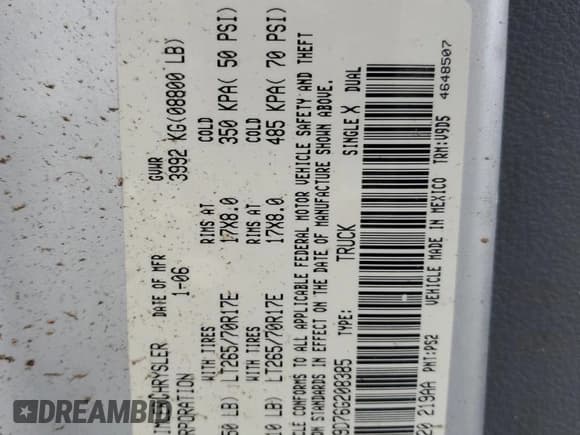 ✅ 2006 Dodge 2500 SLT • VIN: 3D7KR29D76G208385 • Lot: 83878954. Wystawiony na Copart z przebiegiem 232 323 mil. Bezpłatny archiwum sprzedaży aukcyjnych z USA i szczegółowy raport historii pojazdu na DreamBid. Zdjęcie 14.