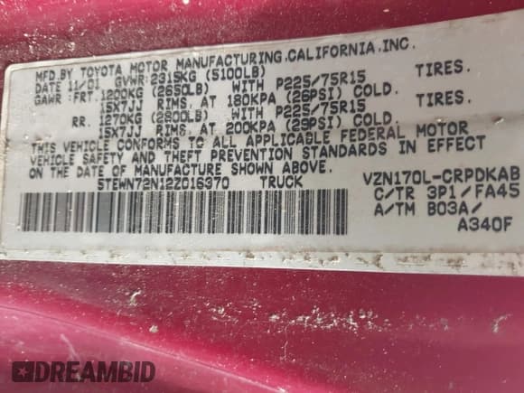 ✅ 2002 Toyota Tacoma • VIN: 5TEWN72N12Z016370 • Lot: 42610257. Listed on IAAI with 229,226 mi. Free auction sales archive from the USA and detailed vehicle history report at DreamBid. Image 9.