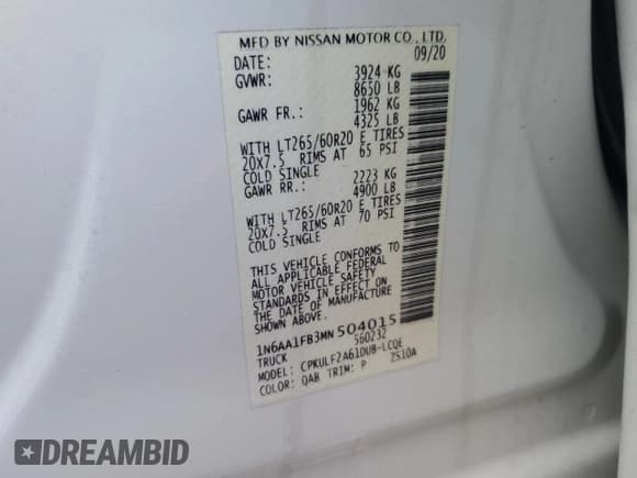 ✅ 2021 Nissan Titan SV • VIN: 1N6AA1FB3MN504015 • Lot: 83416784. Listed on Copart with 66,859 mi. Free auction sales archive from the USA and detailed vehicle history report at DreamBid. Image 12.