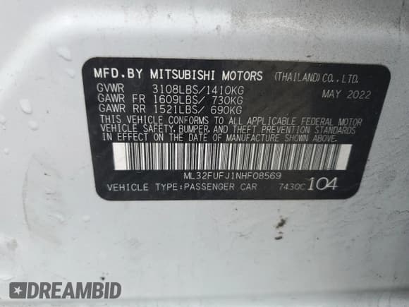✅ 2022 Mitsubishi Mirage ES • VIN: ML32FUFJ1NHF08569 • Лот: 83823425. Опубликован ранее на Copart с пробегом 41 730 миль. Бесплатный доступ к архиву аукционных продаж из США и подробный отчёт об истории автомобиля на DreamBid. Изображение 12.