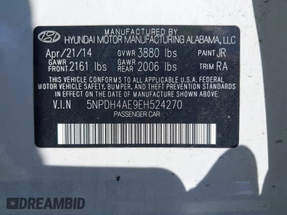 ✅ 2014 Hyundai Elantra SE • VIN: 5NPDH4AE9EH524270 • Lot: 43383212. Listed on IAAI with 98,555 mi. Free auction sales archive from the USA and detailed vehicle history report at DreamBid. Image 9.