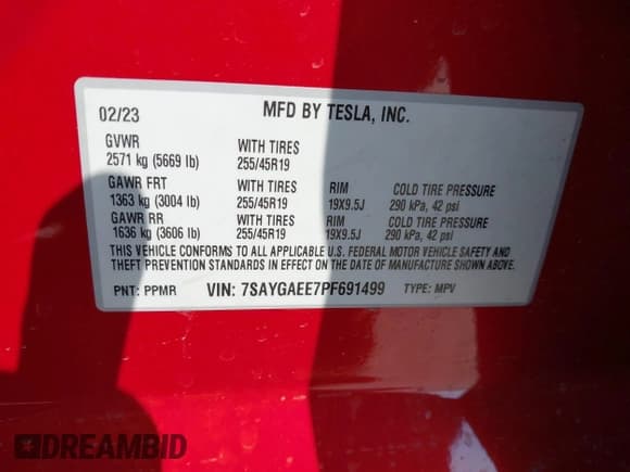 ✅ 2023 Tesla Model Y Long Range • VIN: 7SAYGAEE7PF691499 • Lot: 42038850. Listed on IAAI with 26,439 mi. Free auction sales archive from the USA and detailed vehicle history report at DreamBid. Image 9.