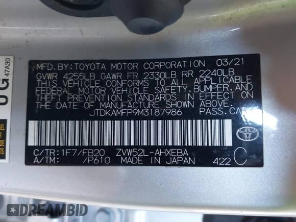 2021 Toyota Prius Limited z VIN JTDKAMFP9M3187986, wystawiony jako IAAI lot #43398563 z przebiegiem 38 772 mil mil oraz . Historia ofert i sprzedaży dostępna na DreamBid. Obrazek 9.