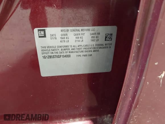 ✅ 2016 Chevrolet Malibu LS • VIN: 1G1ZB5ST6GF194958 • Lot: 42245759. Listed on IAAI with 109,768 mi. Free auction sales archive from the USA and detailed vehicle history report at DreamBid. Image 9.