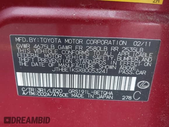 ✅ 2011 Lexus GS 350 • VIN: JTHBE1KSXB0053241 • Лот: 42387752. Опубликован ранее на IAAI с пробегом 138 684 миль. Бесплатный доступ к архиву аукционных продаж из США и подробный отчёт об истории автомобиля на DreamBid. Изображение 9.