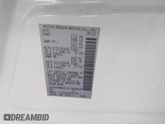 ✅ 2014 Nissan Pathfinder SV • VIN: 5N1AR2MN4EC626860 • Lot: 42094147. Listed on IAAI with 275,819 mi. Free auction sales archive from the USA and detailed vehicle history report at DreamBid. Image 9.