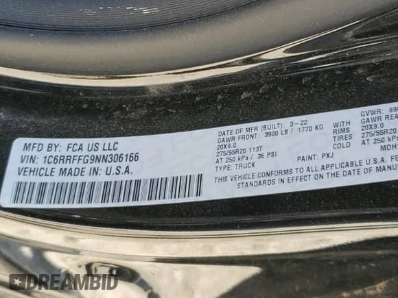 2022 Ram 1500 Big Horn with VIN 1C6RRFFG9NN306166, listed as a Copart auction lot 80325305 with 16,815 mi miles and Non repairable. Bid and sale history available at DreamBid. Image 13.