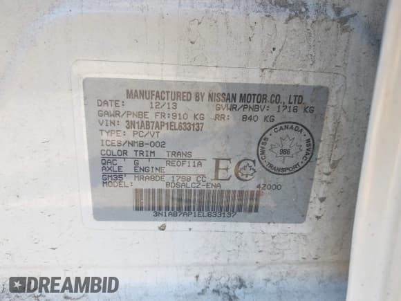 ✅ 2014 Nissan Sentra SR • VIN: 3N1AB7AP1EL633137 • Лот: 42142063. Опубликован ранее на IAAI с пробегом Не указан. Бесплатный доступ к архиву аукционных продаж из США и подробный отчёт об истории автомобиля на DreamBid. Изображение 9.