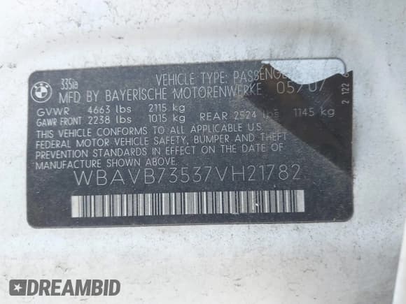 ✅ 2007 BMW 3 Series 335i • VIN: WBAVB73537VH21782 • Lot: 42725609. Listed on IAAI with 145,157 mi. Free auction sales archive from the USA and detailed vehicle history report at DreamBid. Image 9.