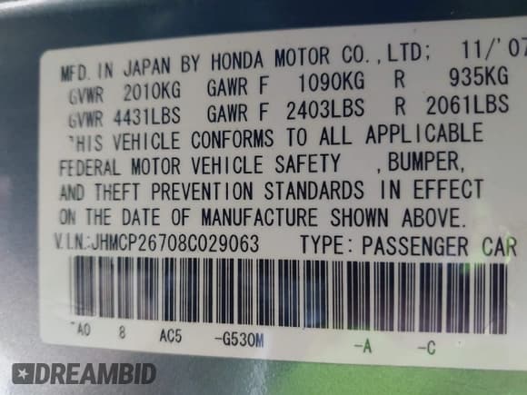 ✅ 2008 Honda Accord EX • VIN: JHMCP26708C029063 • Lot: 43549336. Listed on IAAI with 170,995 mi. Free auction sales archive from the USA and detailed vehicle history report at DreamBid. Image 9.