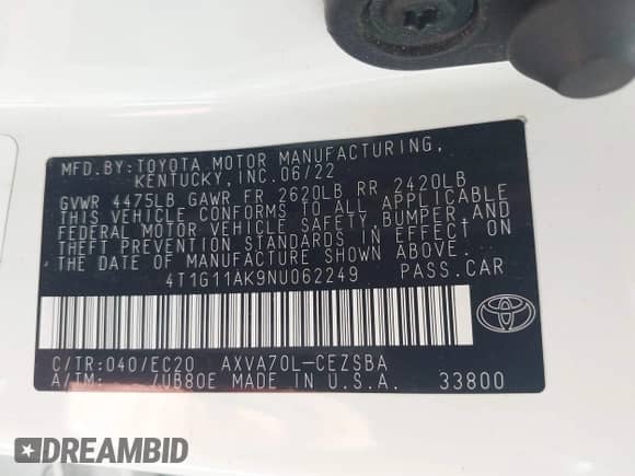 2022 Toyota Camry SE z VIN 4T1G11AK9NU062249, wystawiony jako IAAI lot #42759647 z przebiegiem 58 315 mil mil oraz . Historia ofert i sprzedaży dostępna na DreamBid. Obrazek 9.