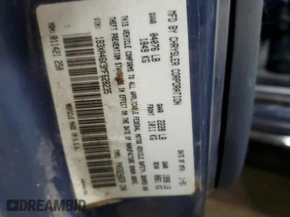 ✅ 1991 Dodge Spirit • VIN: 1B3XA46K9MF628235 • Lot: 83581274. Listed on Copart with 117,774 mi. Free auction sales archive from the USA and detailed vehicle history report at DreamBid. Image 12.