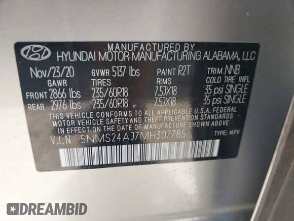 2021 Hyundai Santa Fe SEL z VIN 5NMS24AJ7MH307785, wystawiony jako IAAI lot #43155163 z przebiegiem 69 928 mil mil oraz . Historia ofert i sprzedaży dostępna na DreamBid. Obrazek 9.