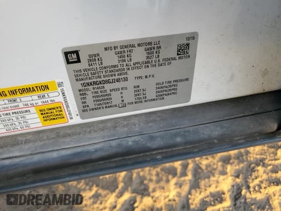 ✅ 2016 Chevrolet Traverse LT • VIN: 1GNKRGKD8GJ248130 • Lot: 92696495. Listed on Copart with Not provided. Free auction sales archive from the USA and detailed vehicle history report at DreamBid. Image 12.