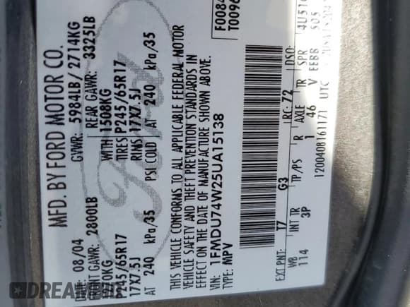 ✅ 2005 Ford Explorer Eddie Bauer • VIN: 1FMDU74W25UA15138 • Lot: 85761105. Listed on Copart with 339,284 mi. Free auction sales archive from the USA and detailed vehicle history report at DreamBid. Image 13.