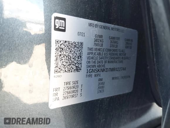 ✅ 2021 Chevrolet Tahoe LT • VIN: 1GNSKNKD7MR422744 • Lot: 42629416. Listed on IAAI with 73,615 mi. Free auction sales archive from the USA and detailed vehicle history report at DreamBid. Image 9.