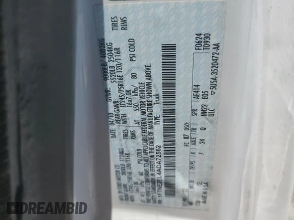 ✅ 2010 Ford Econoline Cargo Commercial • VIN: 1FTNE2EL4ADA72562 • Lot: 62917405. Listed on Copart with 82,186 mi. Free auction sales archive from the USA and detailed vehicle history report at DreamBid. Image 13.