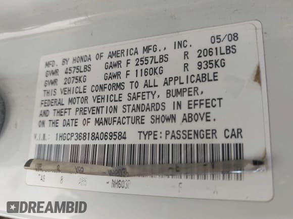 ✅ 2008 Honda Accord EX-L • VIN: 1HGCP36818A069584 • Лот: 43587765. Опубликован ранее на IAAI с пробегом 213 460 миль. Бесплатный доступ к архиву аукционных продаж из США и подробный отчёт об истории автомобиля на DreamBid. Изображение 9.