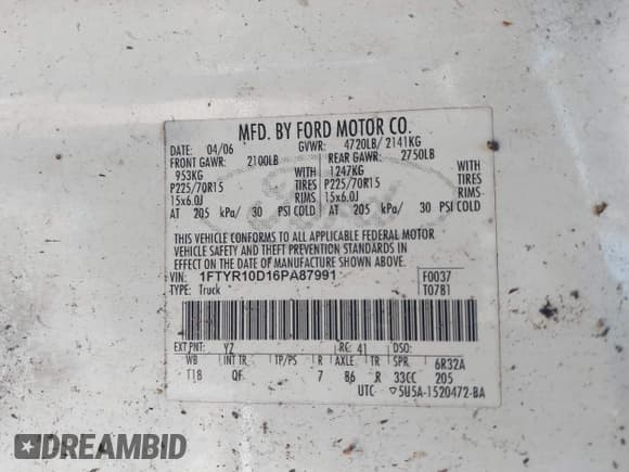 ✅ 2006 Ford Ranger XL • VIN: 1FTYR10D16PA87991 • Lot: 43712877. Listed on IAAI with 103,774 mi. Free auction sales archive from the USA and detailed vehicle history report at DreamBid. Image 9.