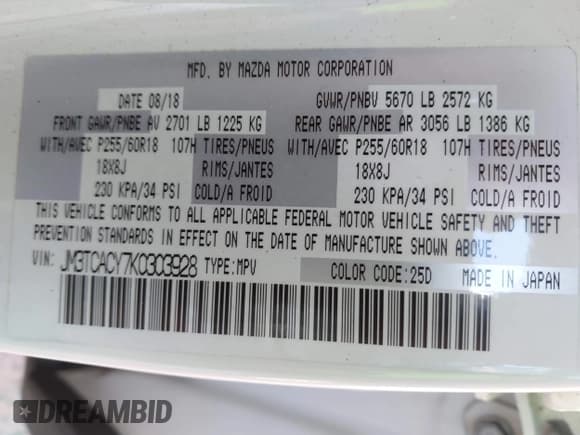 ✅ 2019 Mazda CX-9 Touring • VIN: JM3TCACY7K0303928 • Lot: 41813703. Wystawiony na IAAI z przebiegiem 39 820 mil. Bezpłatny archiwum sprzedaży aukcyjnych z USA i szczegółowy raport historii pojazdu na DreamBid. Zdjęcie 9.