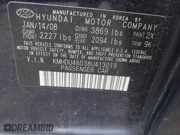 2008 Hyundai Elantra GLS с VIN KMHDU46D38U413019, выставлен на аукционе IAAI как лот 42609289 с пробегом 161 456 миль миль и . История ставок и продаж доступна на DreamBid. Изображение 9.