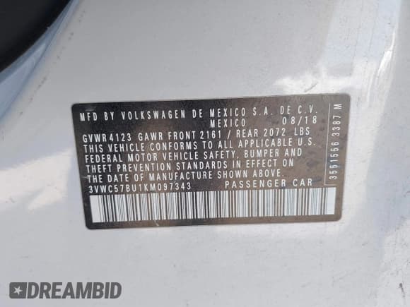 ✅ 2019 Volkswagen Jetta S • VIN: 3VWC57BU1KM097343 • Лот: 43723018. Опубликован ранее на IAAI с пробегом 116 857 миль. Бесплатный доступ к архиву аукционных продаж из США и подробный отчёт об истории автомобиля на DreamBid. Изображение 9.