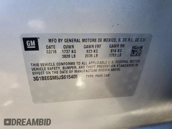 ✅ 2018 Chevrolet Cruze LT • VIN: 3G1BE6SM9JS615405 • Lot: 65478902. Listed on Copart with Not provided. Free auction sales archive from the USA and detailed vehicle history report at DreamBid. Image 10.