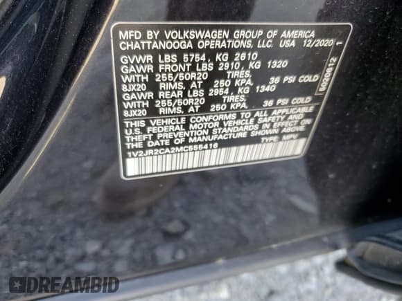 ✅ 2021 Volkswagen Atlas SE • VIN: 1V2JR2CA2MC555416 • Lot: 53182915. Listed on Copart with 96,268 mi. Free auction sales archive from the USA and detailed vehicle history report at DreamBid. Image 13.