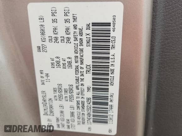 2005 Dodge Dakota SLT with VIN 1D7HE48N15S214296, listed as a Copart auction lot 60641925 with Not provided miles and Salvage title. Bid and sale history available at DreamBid. Image 12.