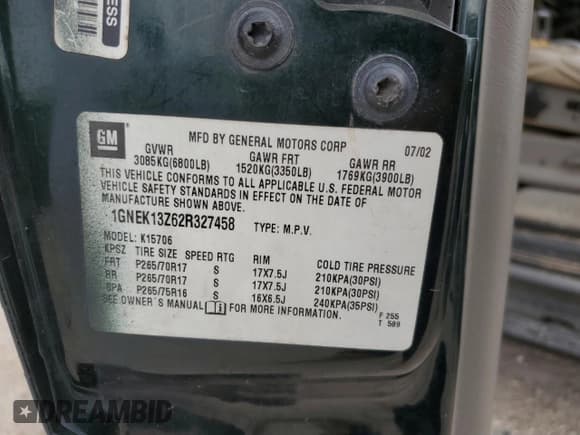 ✅ 2002 Chevrolet Tahoe LS • VIN: 1GNEK13Z62R327458 • Lot: 70981364. Listed on Copart with Not provided. Free auction sales archive from the USA and detailed vehicle history report at DreamBid. Image 12.