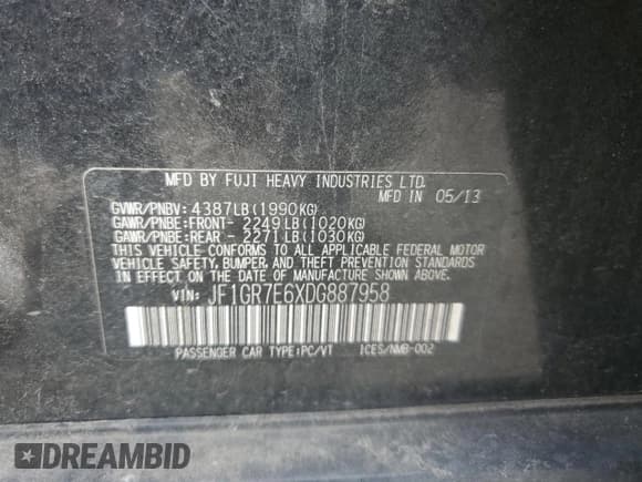 ✅ 2013 Subaru WRX WRX Premium • VIN: JF1GR7E6XDG887958 • Lot: 82614595. Listed on Copart with 150,351 mi. Free auction sales archive from the USA and detailed vehicle history report at DreamBid. Image 12.