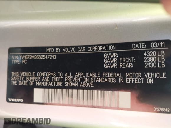 ✅ 2011 Volvo S40 • VIN: YV1672MS6B2547210 • Lot: 42995239. Listed on IAAI with 177,457 mi. Free auction sales archive from the USA and detailed vehicle history report at DreamBid. Image 9.