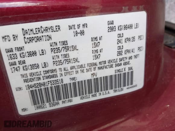 ✅ 2001 Dodge Durango • VIN: 1B4HS28N01F533518 • Лот: 43548004. Опубликован ранее на IAAI с пробегом 225 454 миль. Бесплатный доступ к архиву аукционных продаж из США и подробный отчёт об истории автомобиля на DreamBid. Изображение 9.