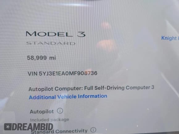 ✅ 2021 Tesla Model 3 Standard Range Plus • VIN: 5YJ3E1EA0MF908736 • Lot: 42229069. Wystawiony na IAAI z przebiegiem 58 999 mil. Bezpłatny archiwum sprzedaży aukcyjnych z USA i szczegółowy raport historii pojazdu na DreamBid. Zdjęcie 7.
