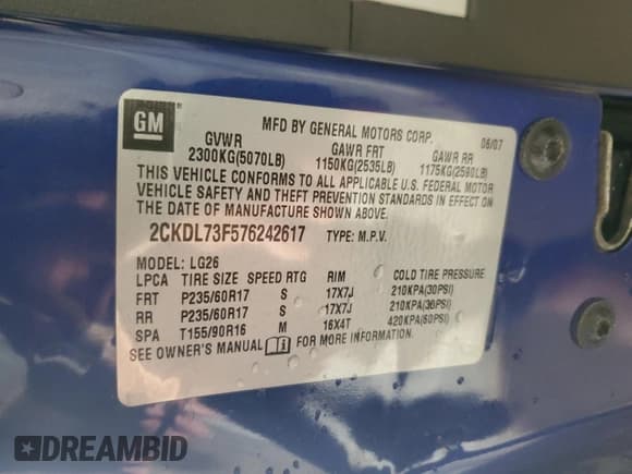 ✅ 2007 Pontiac Torrent • VIN: 2CKDL73F576242617 • Lot: 63765475. Listed on Copart with 115,720 mi. Free auction sales archive from the USA and detailed vehicle history report at DreamBid. Image 13.