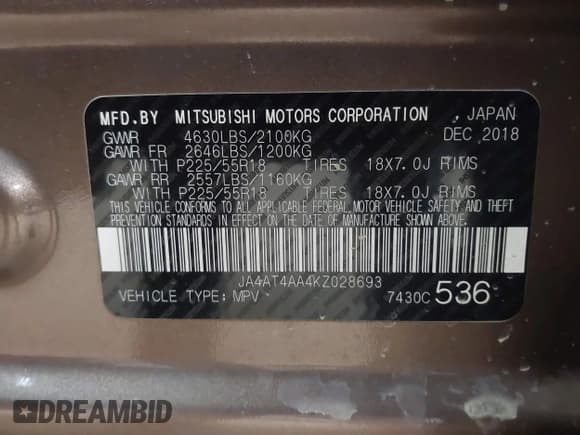 ✅ 2019 Mitsubishi Eclipse Cross LE • VIN: JA4AT4AA4KZ028693 • Lot: 43222873. Wystawiony na IAAI z przebiegiem 121 265 mil. Bezpłatny archiwum sprzedaży aukcyjnych z USA i szczegółowy raport historii pojazdu na DreamBid. Zdjęcie 9.