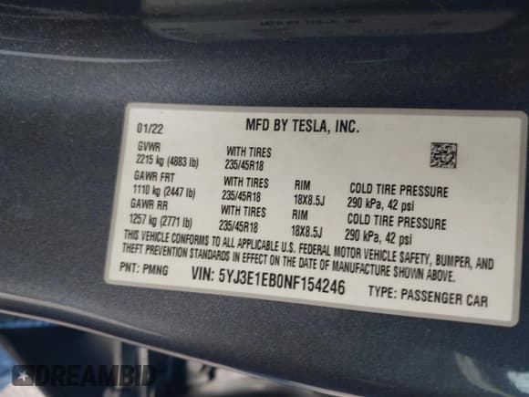 ✅ 2022 Tesla Model 3 Long Range • VIN: 5YJ3E1EB0NF154246 • Lot: 41190673. Wystawiony na IAAI z przebiegiem 85 244 mil. Bezpłatny archiwum sprzedaży aukcyjnych z USA i szczegółowy raport historii pojazdu na DreamBid. Zdjęcie 9.