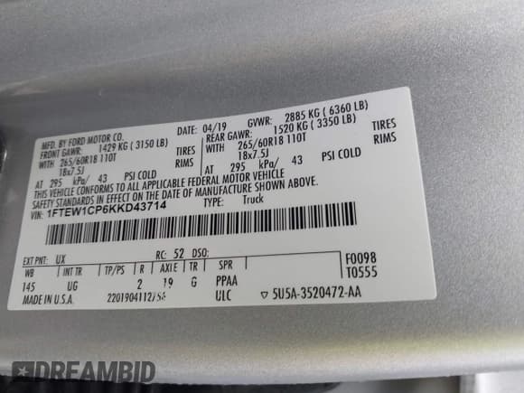 ✅ 2019 Ford F-150 XL • VIN: 1FTEW1CP6KKD43714 • Lot: 43760714. Listed on IAAI with 163,317 mi. Free auction sales archive from the USA and detailed vehicle history report at DreamBid. Image 9.