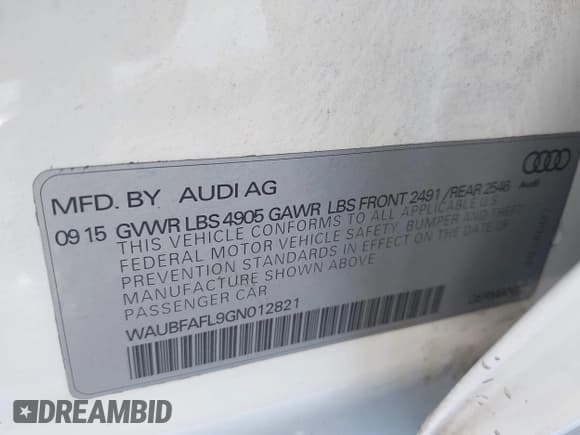 ✅ 2016 Audi A4 Premium • VIN: WAUBFAFL9GN012821 • Lot: 43603401. Listed on IAAI with 122,149 mi. Free auction sales archive from the USA and detailed vehicle history report at DreamBid. Image 9.