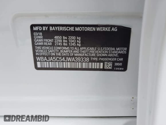 ✅ 2018 BMW 5 Series 530i • VIN: WBAJA5C54JWA39338 • Lot: 42107759. Listed on IAAI with 97,037 mi. Free auction sales archive from the USA and detailed vehicle history report at DreamBid. Image 9.