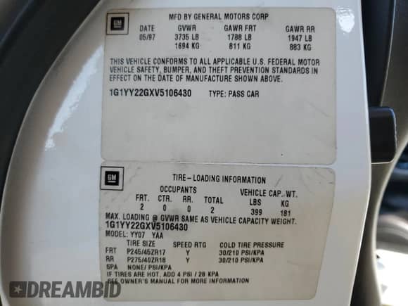 1997 Chevrolet Corvette with VIN 1G1YY22GXV5106430, listed as a Copart auction lot 87231185 with 146,886 mi miles and Salvage title. Bid and sale history available at DreamBid. Image 13.