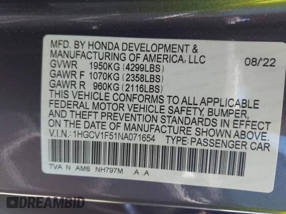 2022 Honda Accord EX-L with VIN 1HGCV1F51NA071654, listed as a IAAI auction lot 42437565 with 18,779 mi miles and . Bid and sale history available at DreamBid. Image 9.