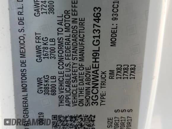 ✅ 2020 Chevrolet Silverado 1500 Work Truck • VIN: 3GCNWAEH9LG137463 • Lot: 70369934. Wystawiony na Copart z przebiegiem 66 494 mil. Bezpłatny archiwum sprzedaży aukcyjnych z USA i szczegółowy raport historii pojazdu na DreamBid. Zdjęcie 12.