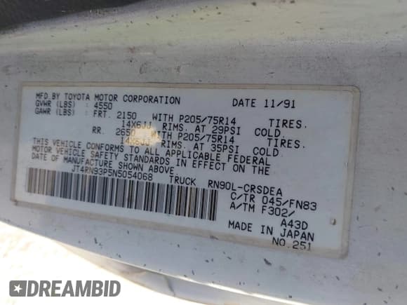 ✅ 1992 Toyota Pickup DLX • VIN: JT4RN93P5N5054068 • Lot: 43857036. Listed on IAAI with 245,685 mi. Free auction sales archive from the USA and detailed vehicle history report at DreamBid. Image 9.