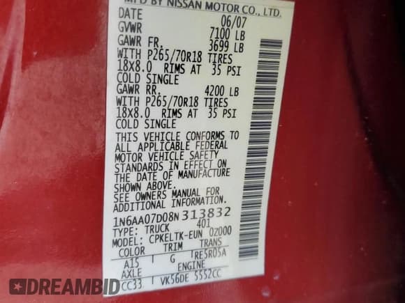 ✅ 2008 Nissan Titan XE • VIN: 1N6AA07D08N313832 • Lot: 55493045. Listed on Copart with 358,194 mi. Free auction sales archive from the USA and detailed vehicle history report at DreamBid. Image 12.