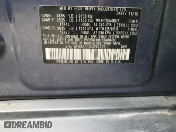 ✅ 2016 Subaru Outback Premium • VIN: 4S4BSAFC0G3262759 • Lot: 81616585. Wystawiony na Copart z przebiegiem 169 417 mil. Bezpłatny archiwum sprzedaży aukcyjnych z USA i szczegółowy raport historii pojazdu na DreamBid. Zdjęcie 12.