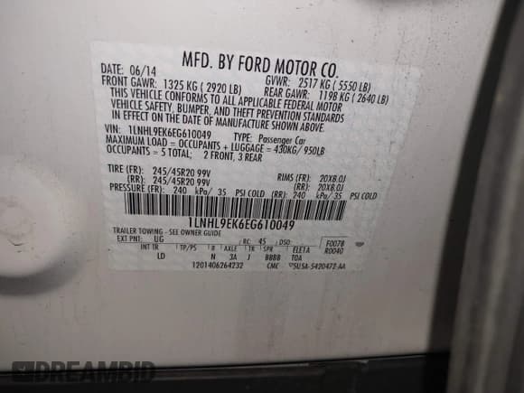 ✅ 2014 Lincoln MKS • VIN: 1LNHL9EK6EG610049 • Lot: 42438806. Listed on IAAI with 124,099 mi. Free auction sales archive from the USA and detailed vehicle history report at DreamBid. Image 9.