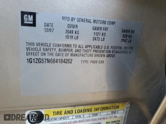 ✅ 2008 Chevrolet Malibu 1FL • VIN: 1G1ZG57N684184262 • Lot: 55315814. Listed on Copart with Not provided. Free auction sales archive from the USA and detailed vehicle history report at DreamBid. Image 13.