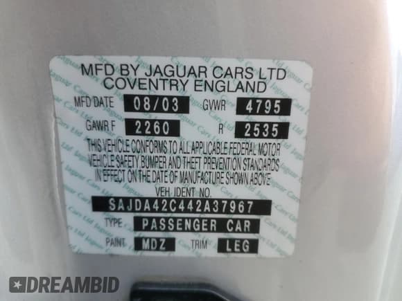 ✅ 2004 Jaguar XK • VIN: SAJDA42C442A37967 • Lot: 45768895. Listed on Copart with 124,130 mi. Free auction sales archive from the USA and detailed vehicle history report at DreamBid. Image 12.