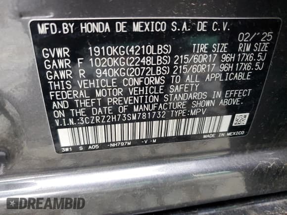 ✅ 2025 Honda HR-V EX-L • VIN: 3CZRZ2H73SM781732 • Лот: 90527495. Опубликован ранее на Copart с пробегом 4 808 миль. Бесплатный доступ к архиву аукционных продаж из США и подробный отчёт об истории автомобиля на DreamBid. Изображение 13.